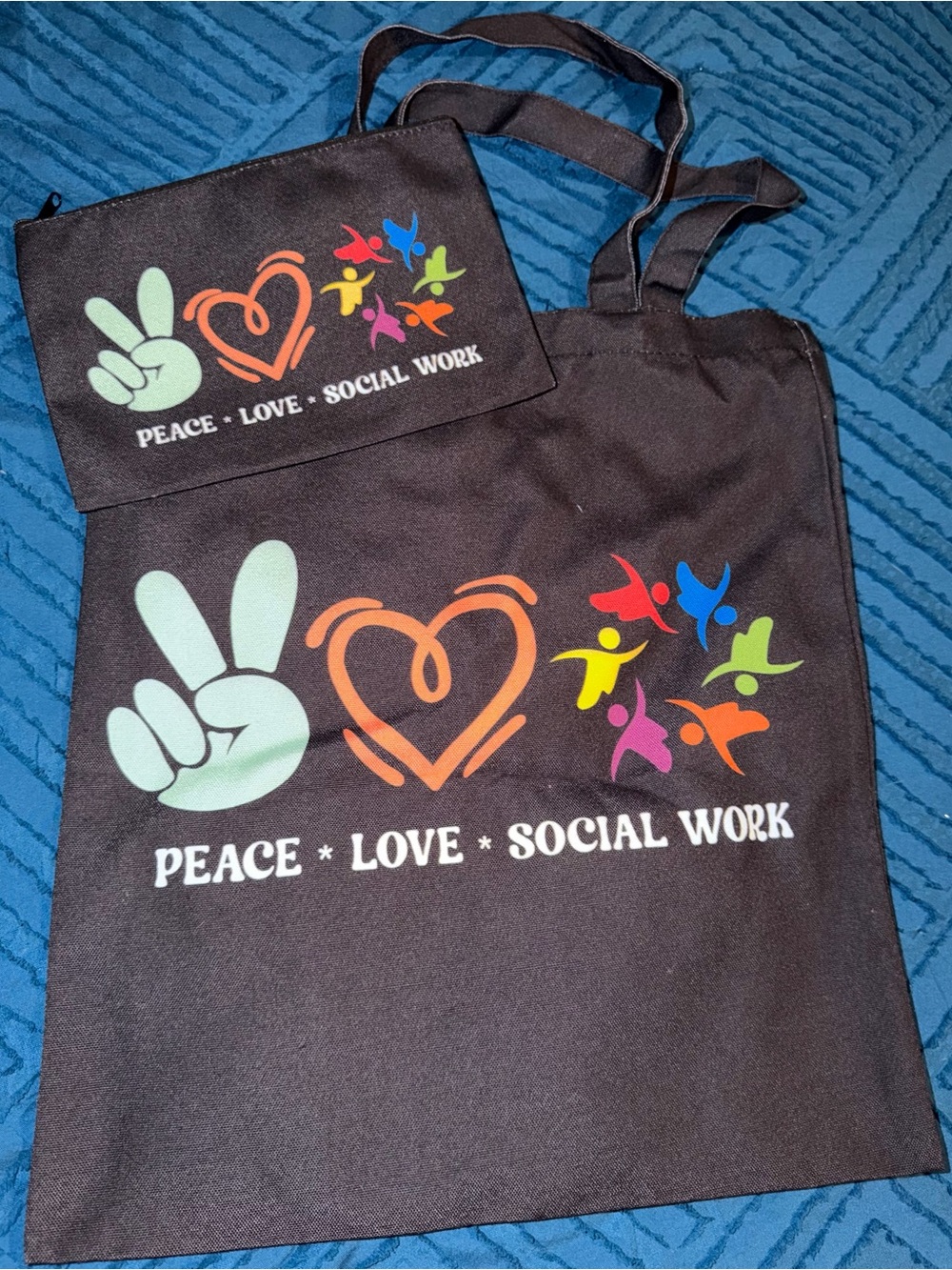 Peace Love Social Work Black Tote Bag with Colorful Icons